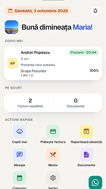 Ecranul principal al părintelui în aplicația Kidy