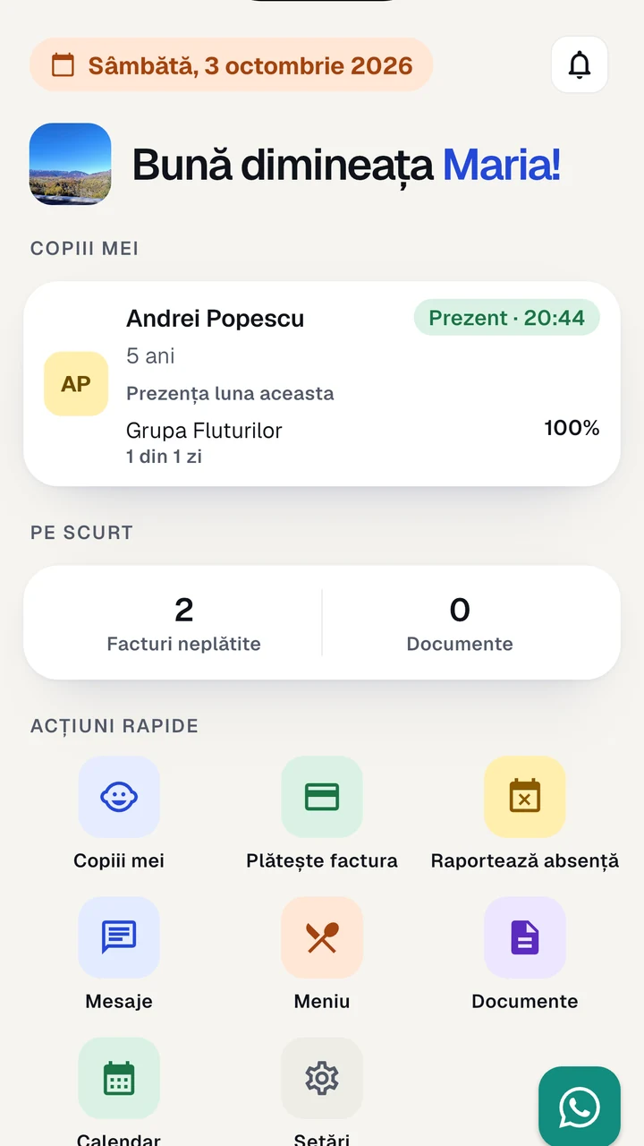 Ecranul părintelui în aplicația Kidy, cu prezența lunii și raportarea absenței