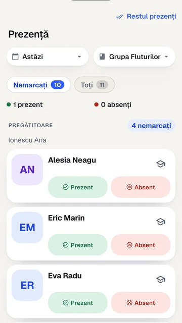 Prezența grupei marcată de educator în aplicația Kidy