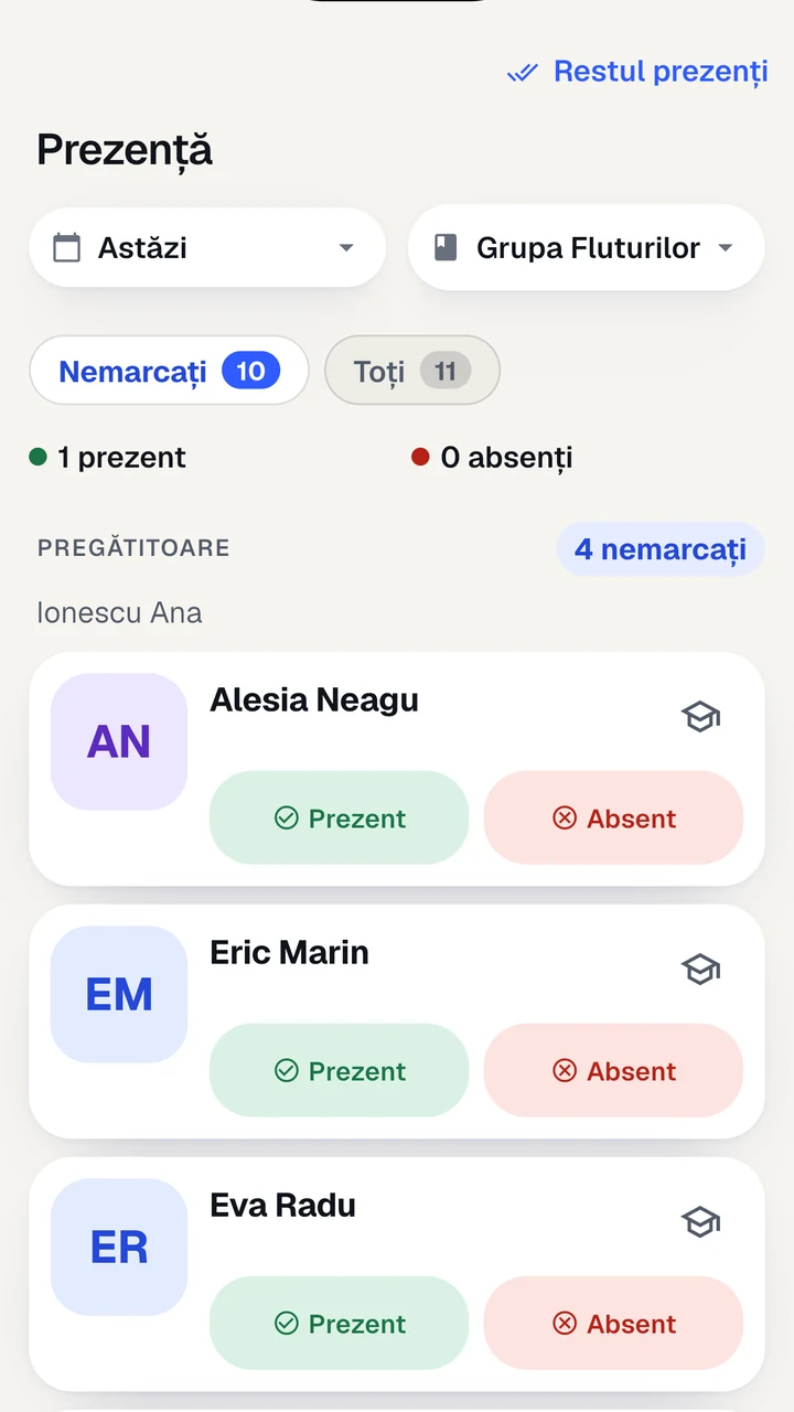 Prezența unei grupe mici în aplicația Kidy, marcată de educatoare